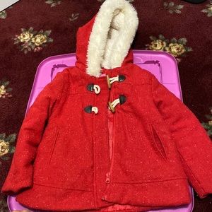 Red wool blend peacoat with fur trim sherpa lined hood for toddler